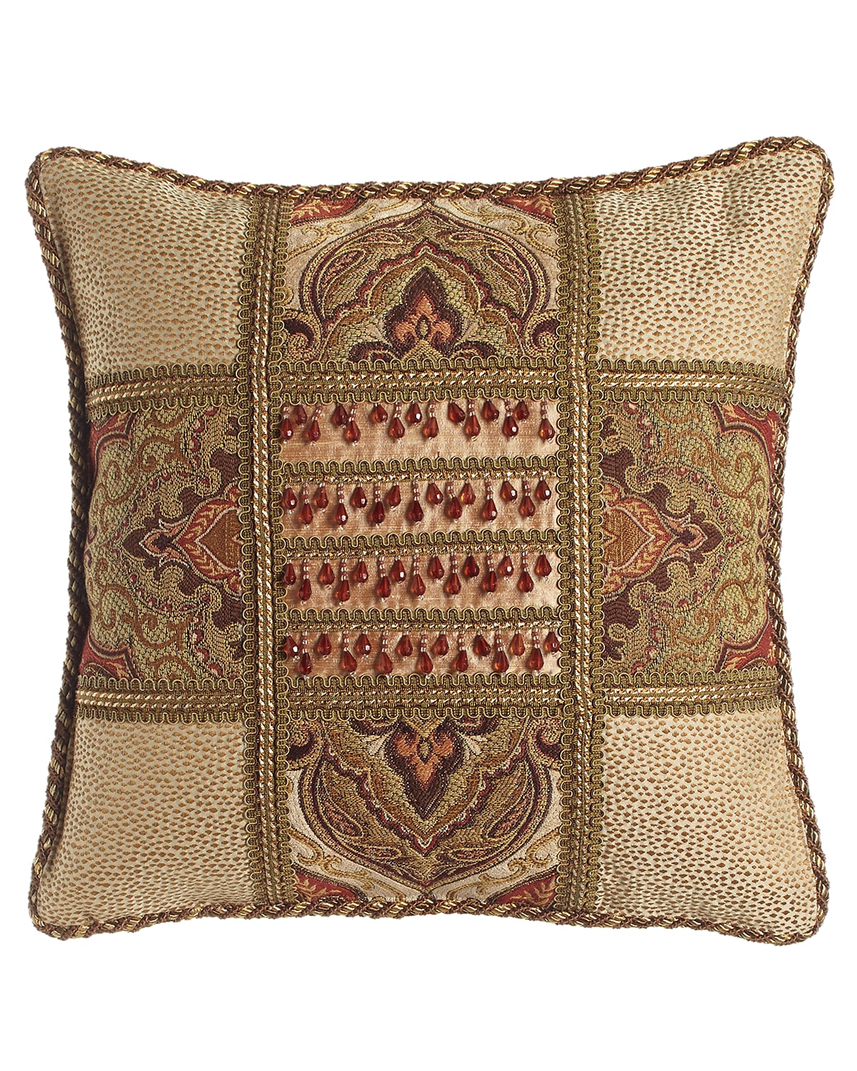Image Dian Austin Couture Home Mediterrane Patch Pillow with Beaded Silk Center, 18"Sq.