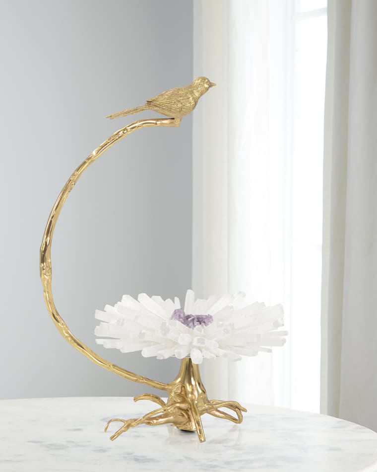 John-Richard Collection Brass Bird on Selenite Bloom Sculpture
