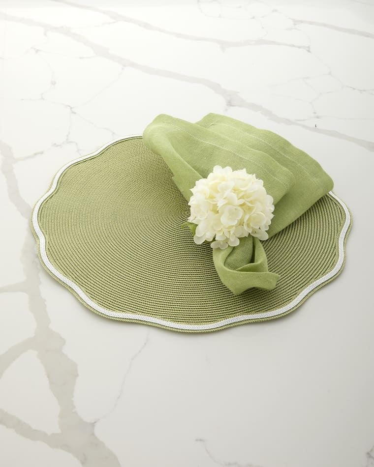 Deborah Rhodes Piped Round Scallop Placemats, Set of 4 Reversible Napkins, Set of 4 Hydrangea Blossom Napkin Ring