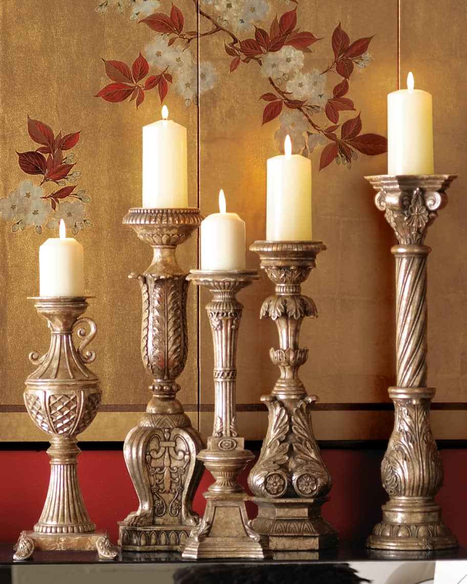 Image 3 of 4: Five Opulent Silver-Washed Candlesticks