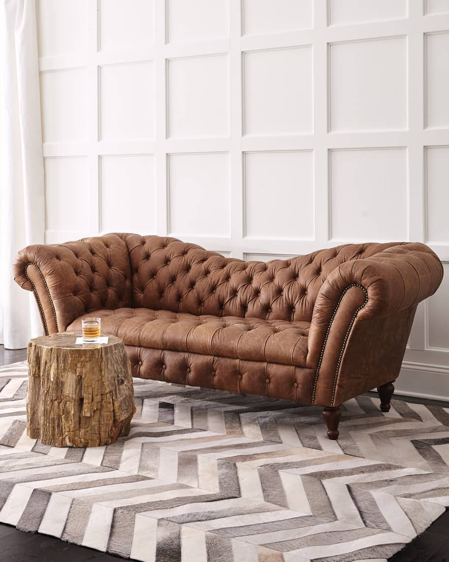 Image 2 of 6: Oak Leather Recamier Sofa 90.25"