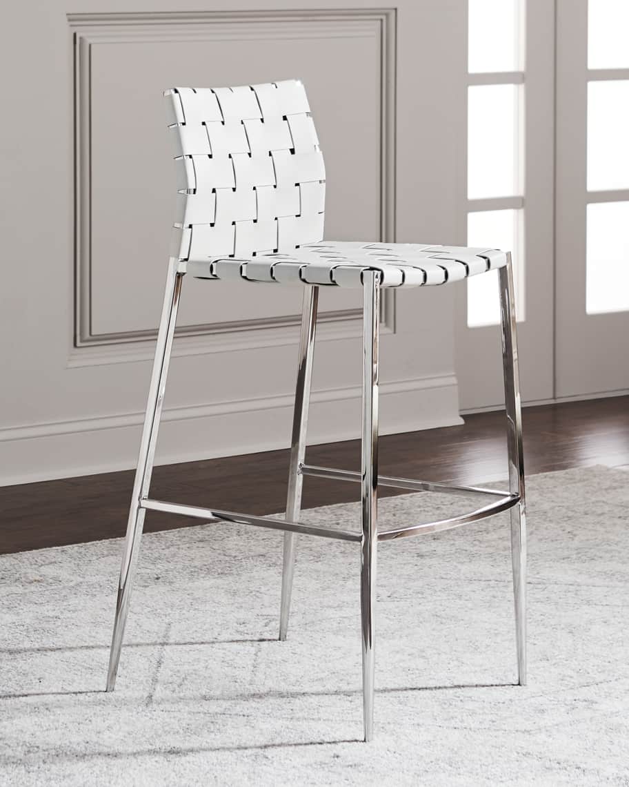 Image 3 of 5: Kennedy Woven Leather Bar Stool, White