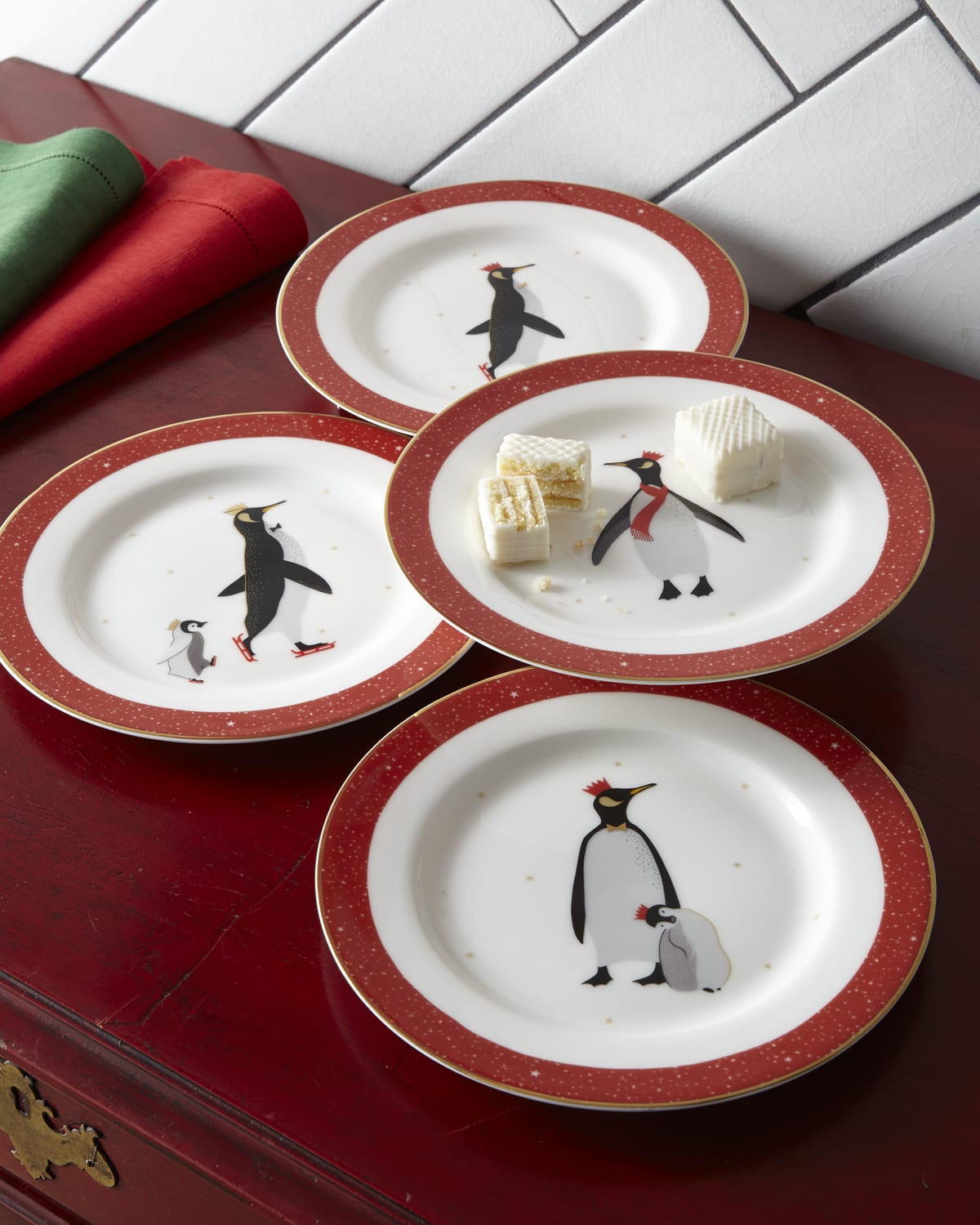 Image Portmeirion Sara Miller Red Penguins Holiday Assorted Desert Plates, Set of 4