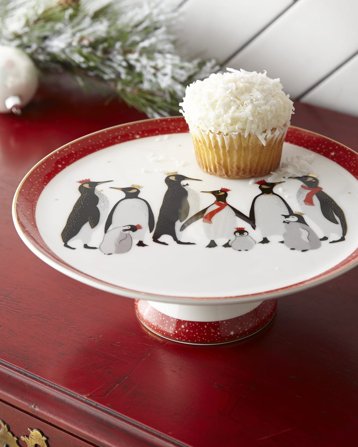 Image Sara Miller Sara Miller Red Penguins Holiday Footed Cake Plate