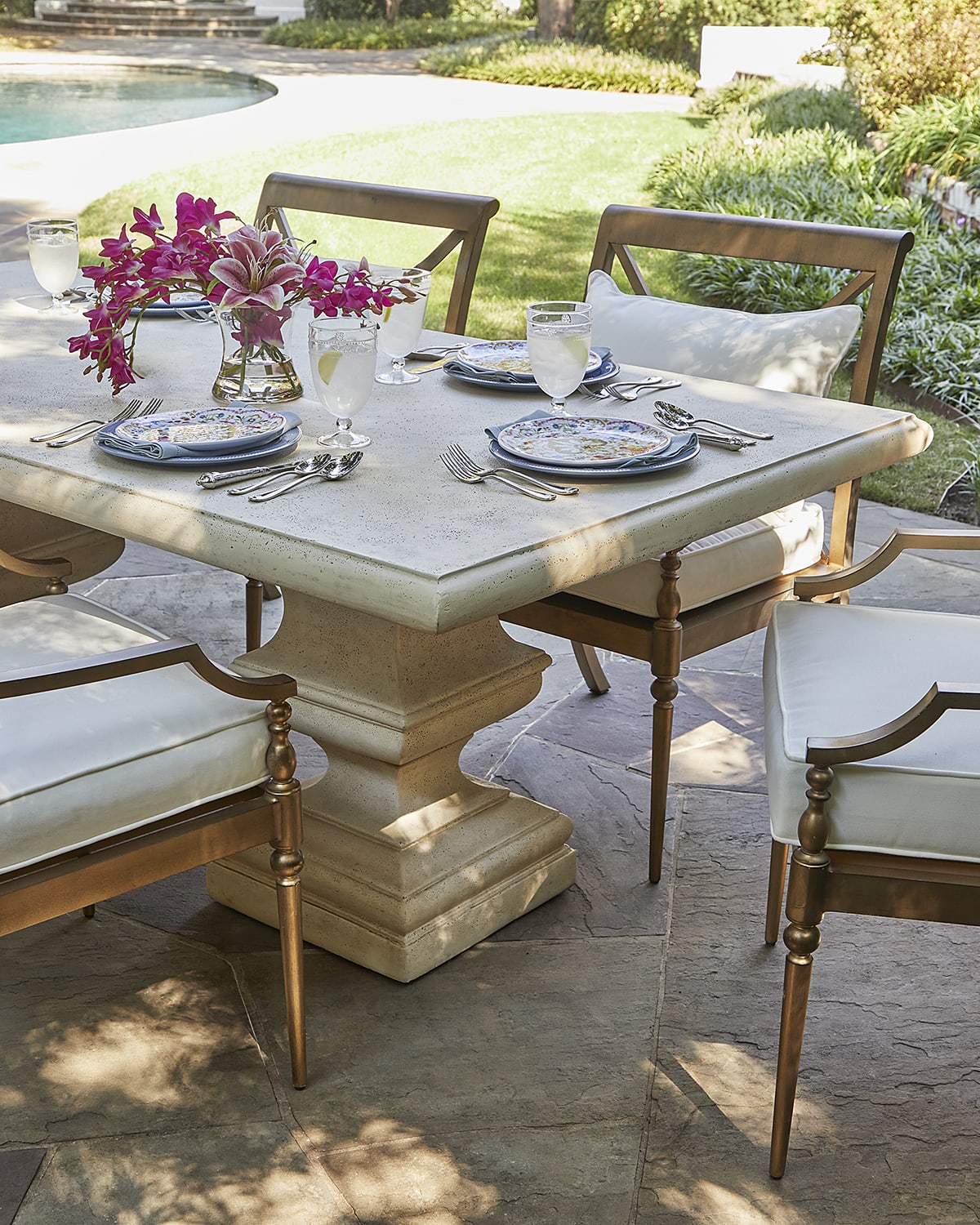 Image Neiman Marcus Alexandra Outdoor Double-Urn Pedestal Table