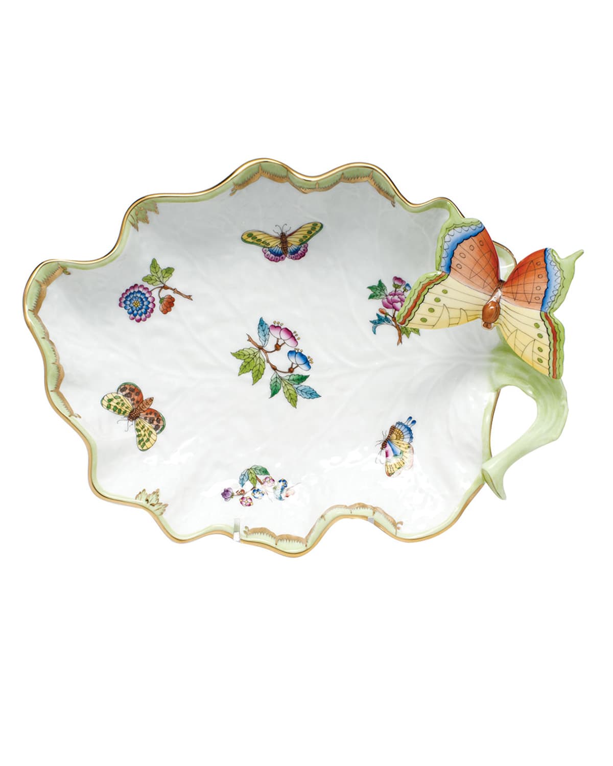 Image Herend Queen Victoria Green Large Leaf Dish with Butterfly