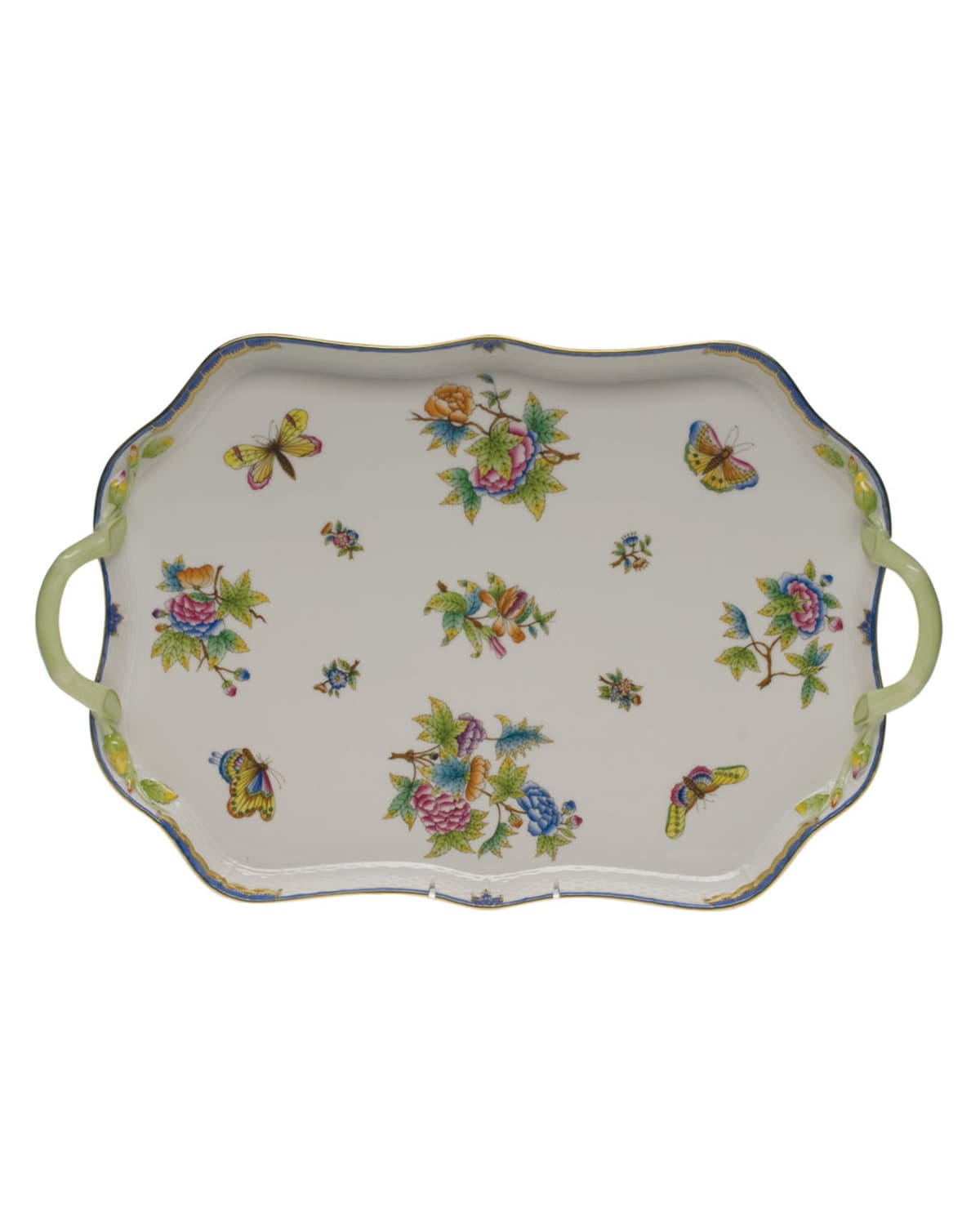 Image Herend Queen Victoria Blue Rectangular Tray with Branch Handles