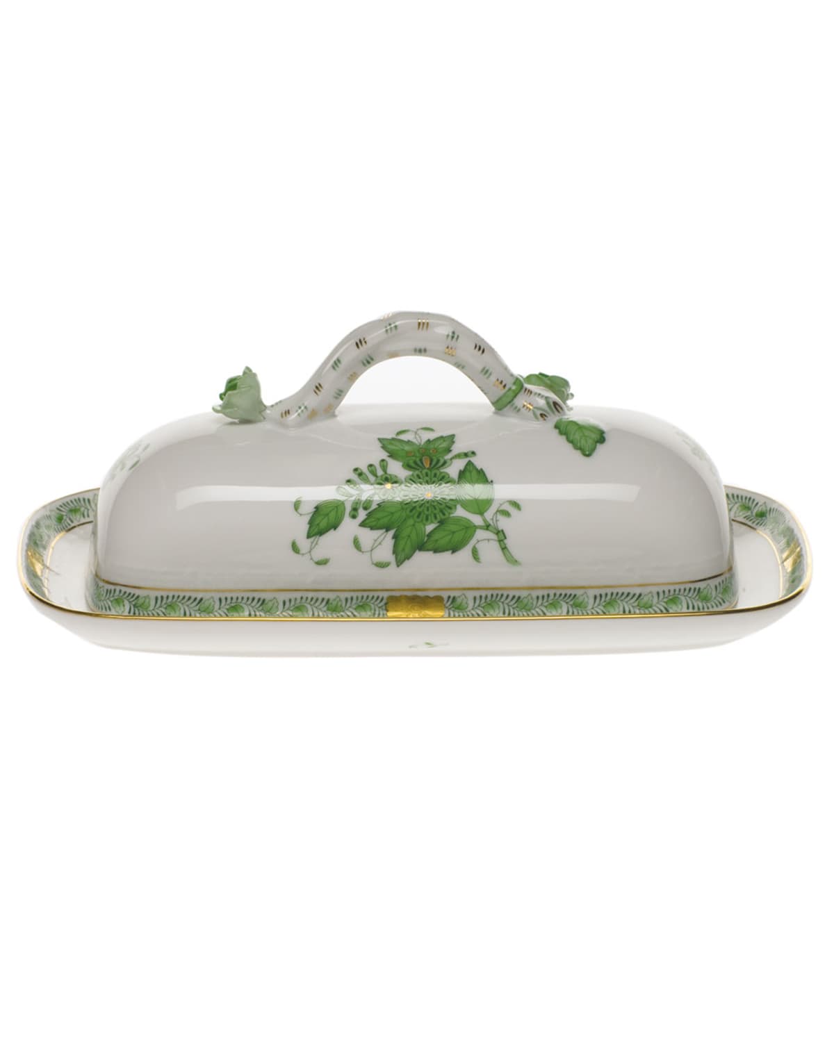 Image Herend Chinese Bouquet Green Butter Dish with Branch Handle