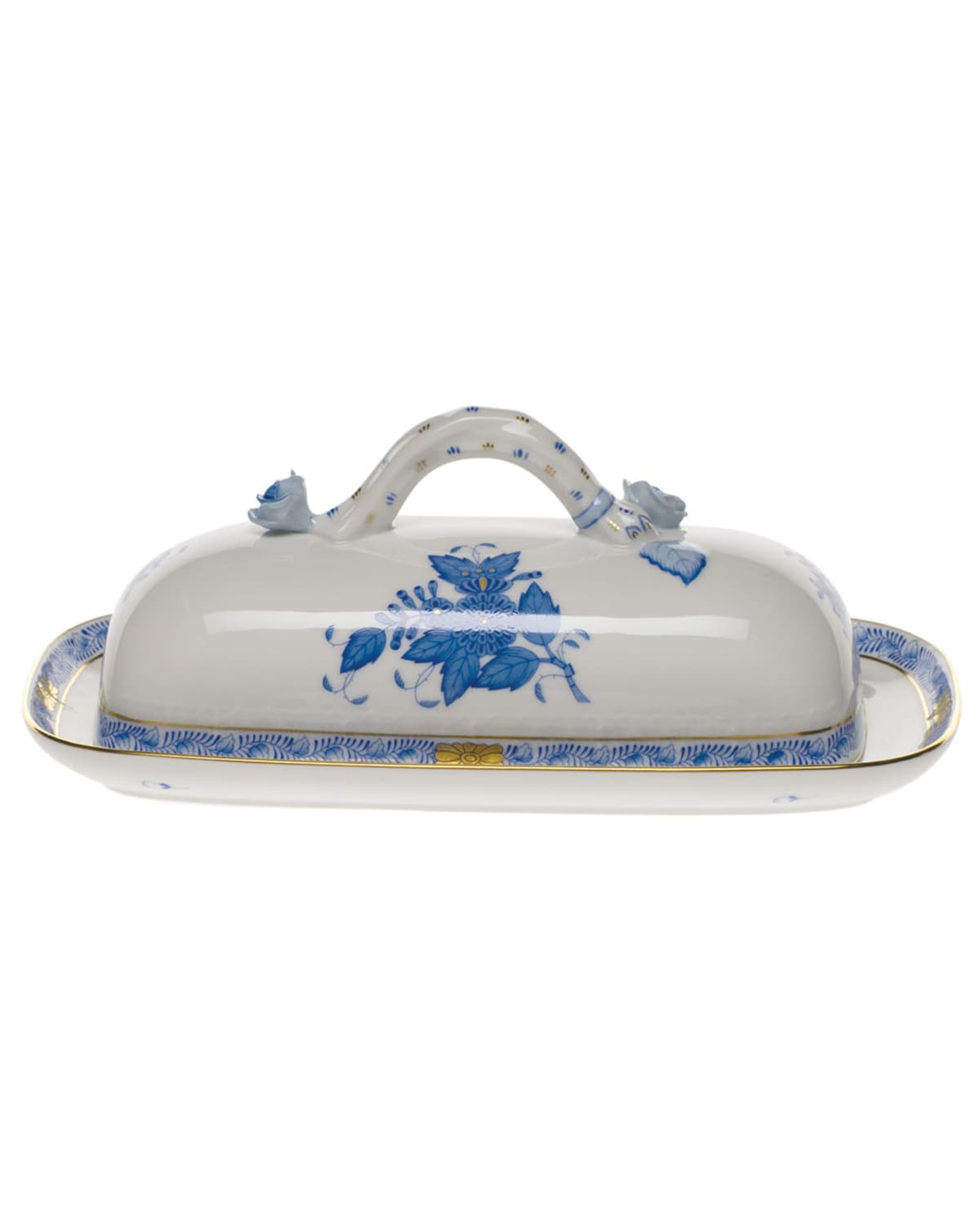 Image Herend Chinese Bouquet Blue Butter Dish with Branch Handle