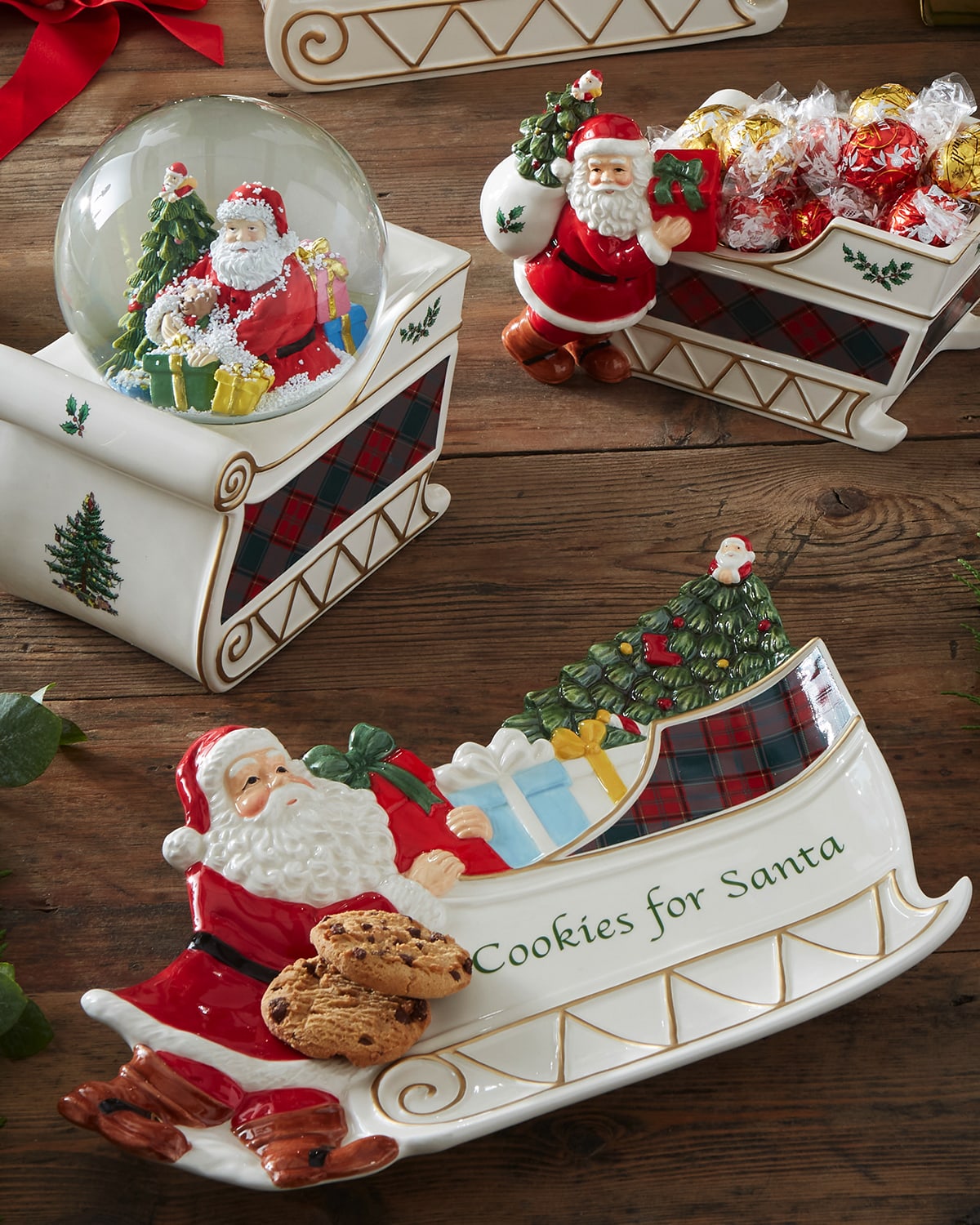 Image Spode Christmas Tree Tartan Figural Santa Sleigh Cookies for Santa Platter