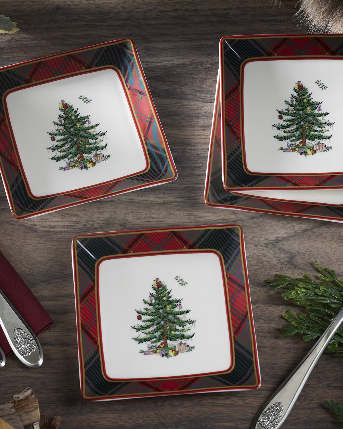 Image Spode Christmas Tree Tartan Square Tidbit Plates, Set of 4