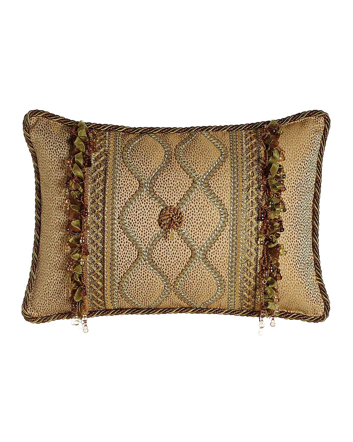 Image Sweet Dreams Oblong Rosette Pillow with Gimp Accents & Ribbon & Bead Fringe, 14" x 22"