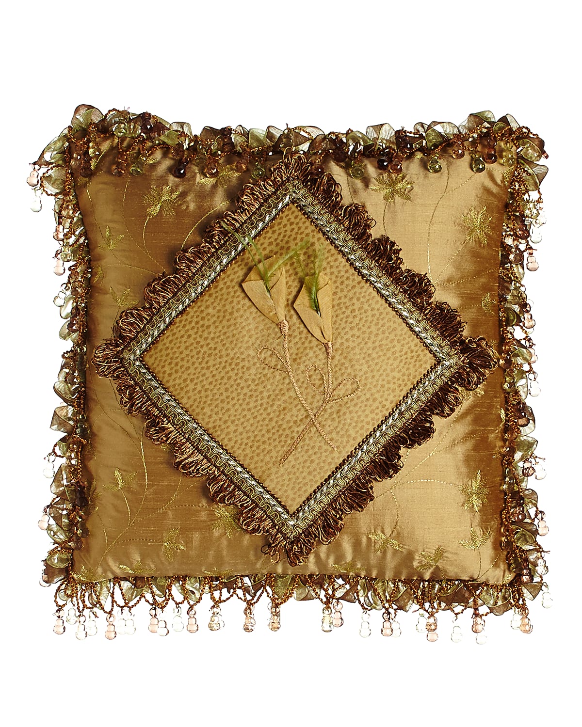 Image Sweet Dreams Diamond-Center Pillow with Dimensional Flowers & Ribbon & Bead Fringe, 14"Sq.