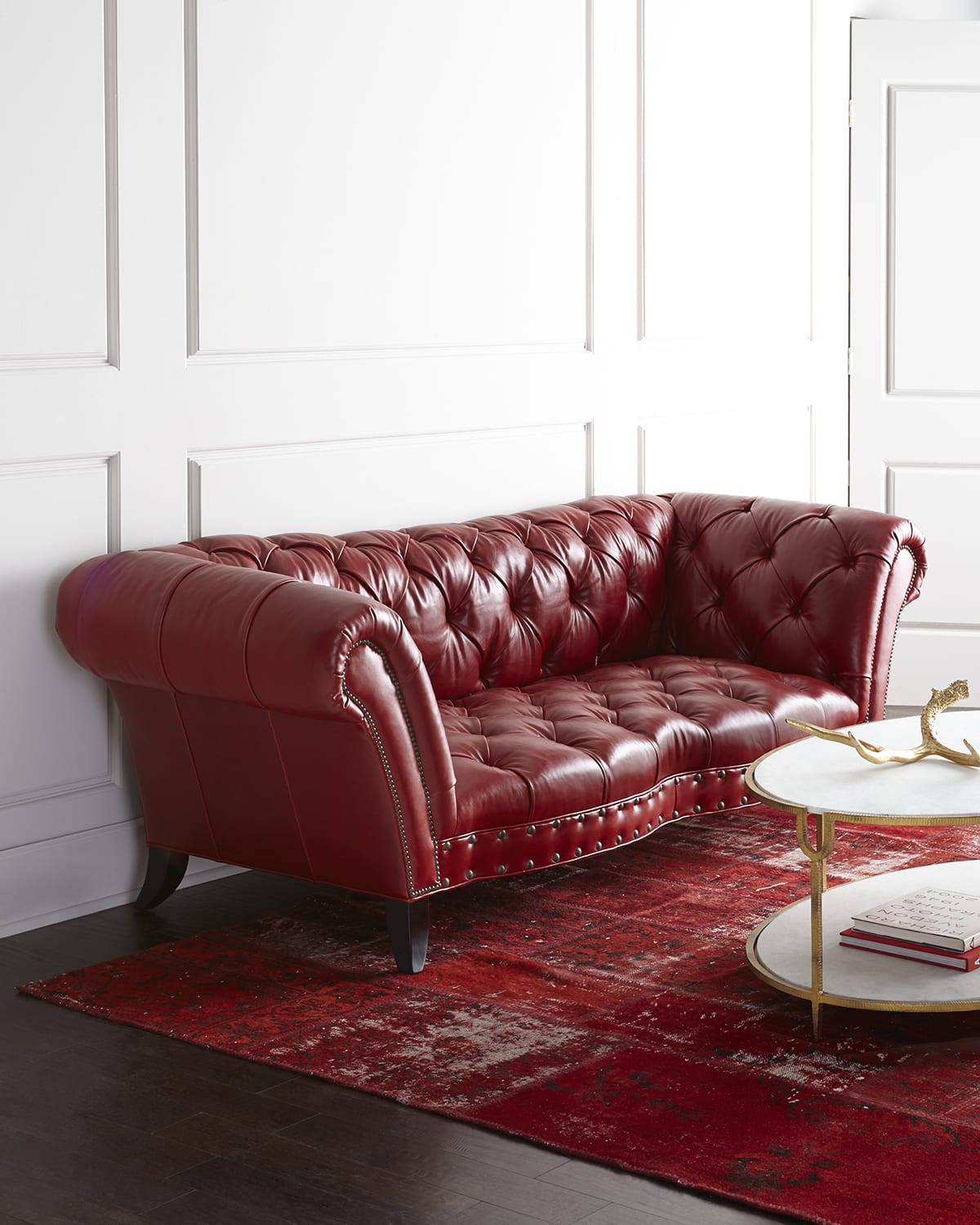 Red leather deals tufted sofa