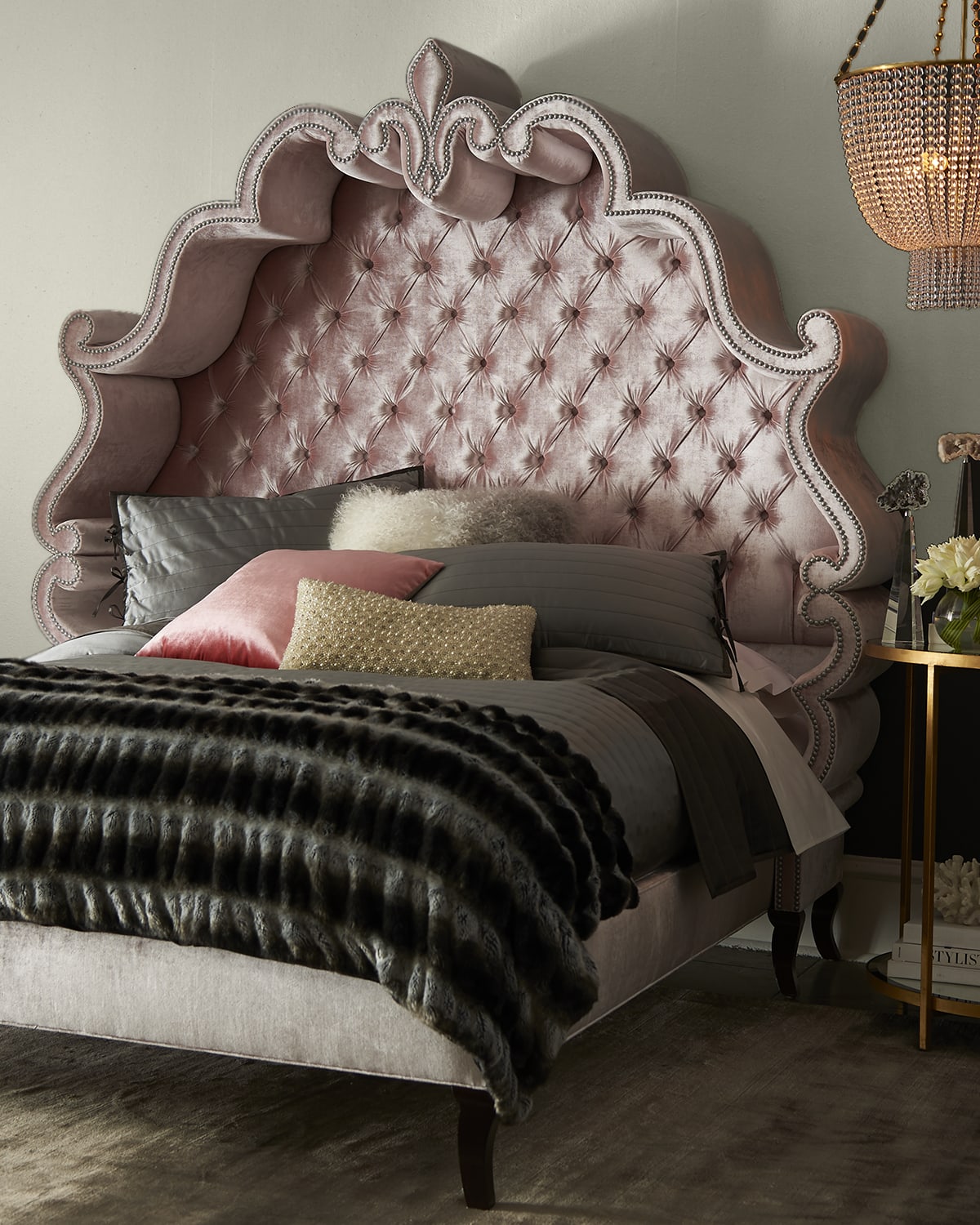 Pink tufted queen deals bed