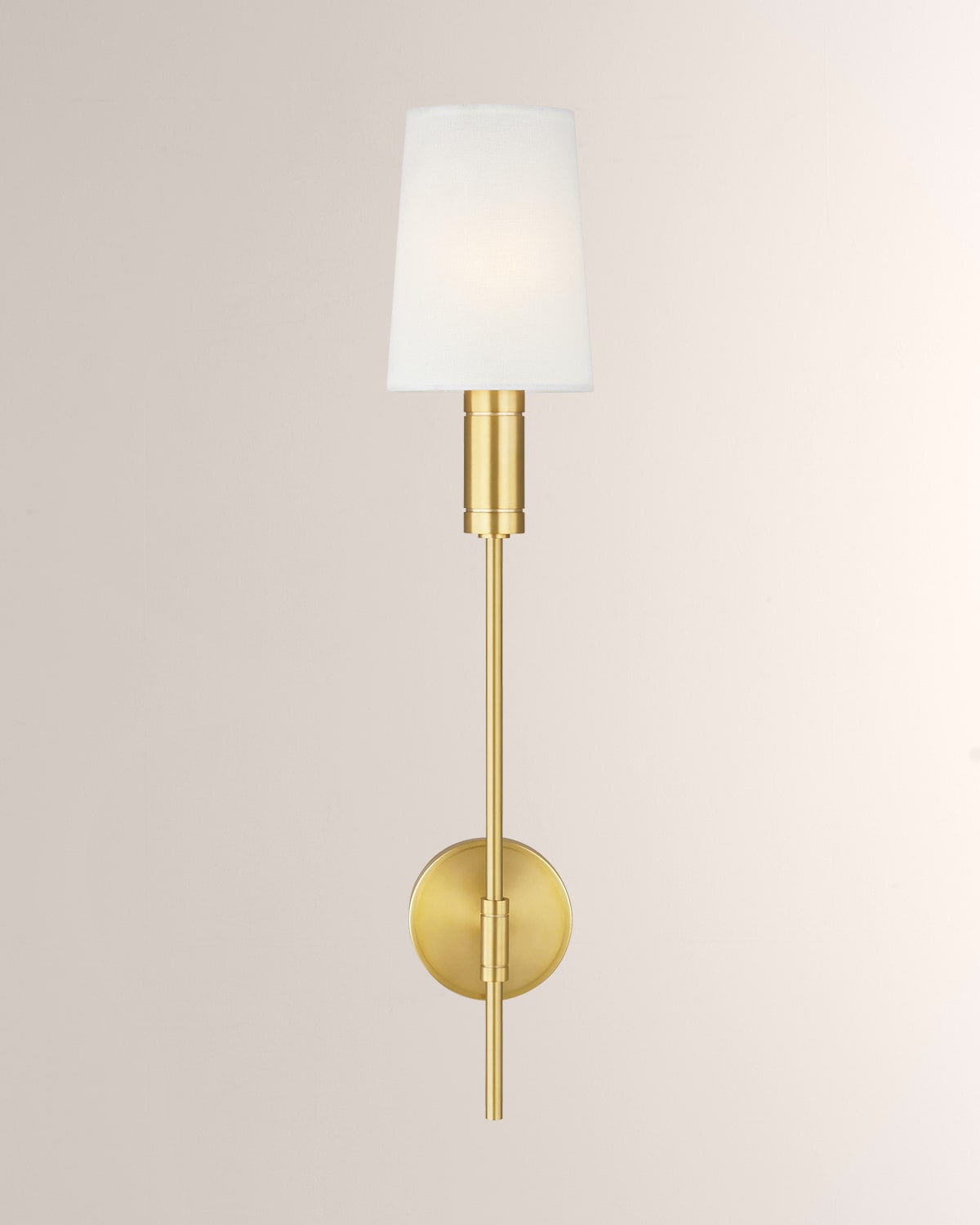 Visual Comfort Studio TOB by Thomas O'Brien TW1031BBS Beckham Classic 1  Light 17 Inch Tall Wall Sconce in Burnished Brass with White Linen Fabric  Shade