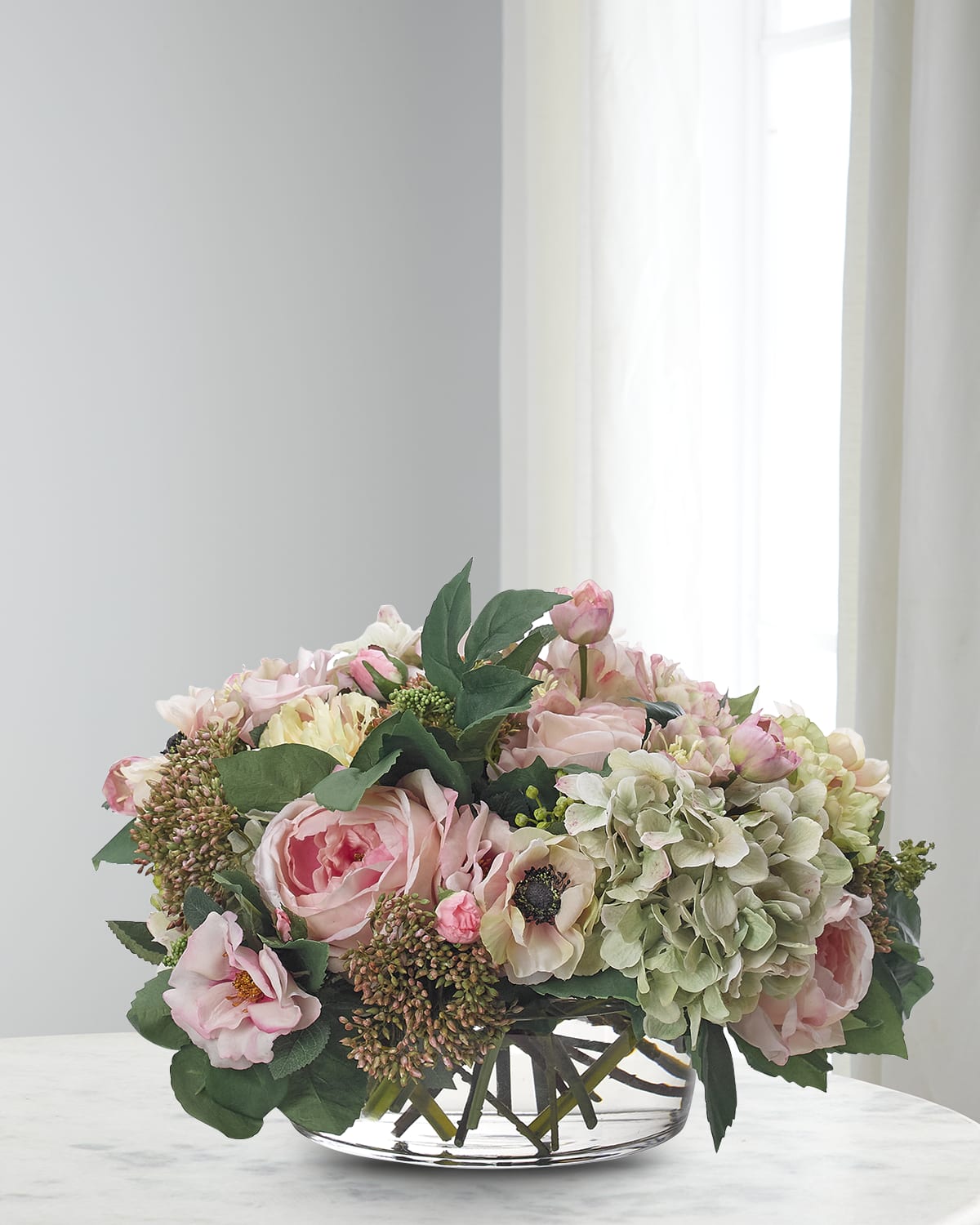 NDI Roses & Hydrangeas 35" Faux Floral Arrangement in a Glass Bowl