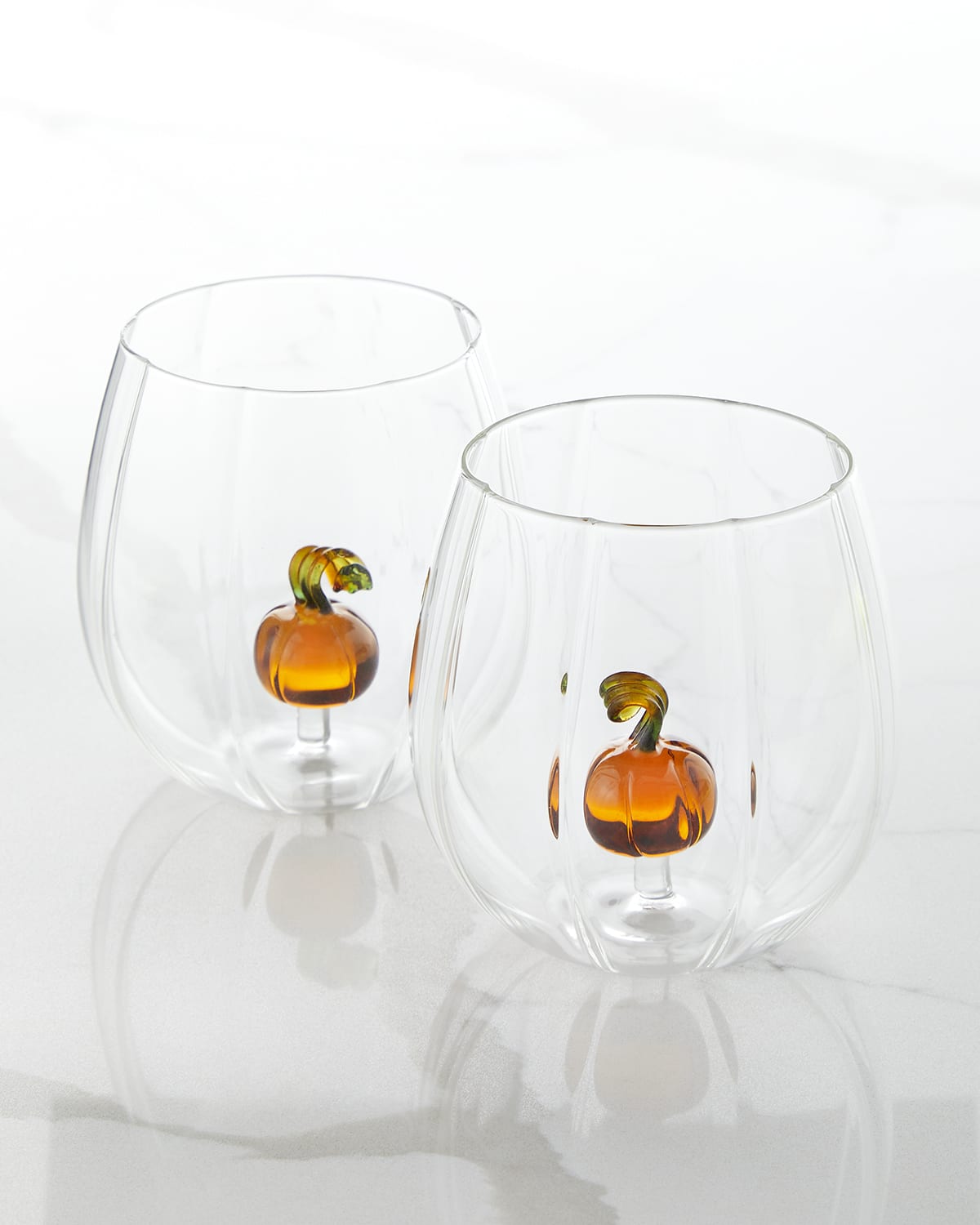 Harvest Pumpkin Hand-Painted Stemmed Wine Glass - Set of 2- 12 ounce