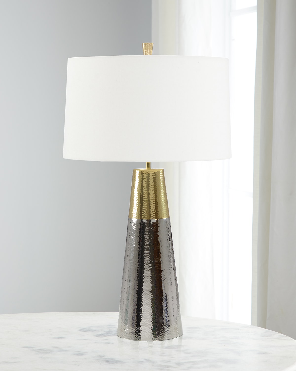 H-32H NAVY LEATHER AND POLISHED BRASS TABLE LAMP