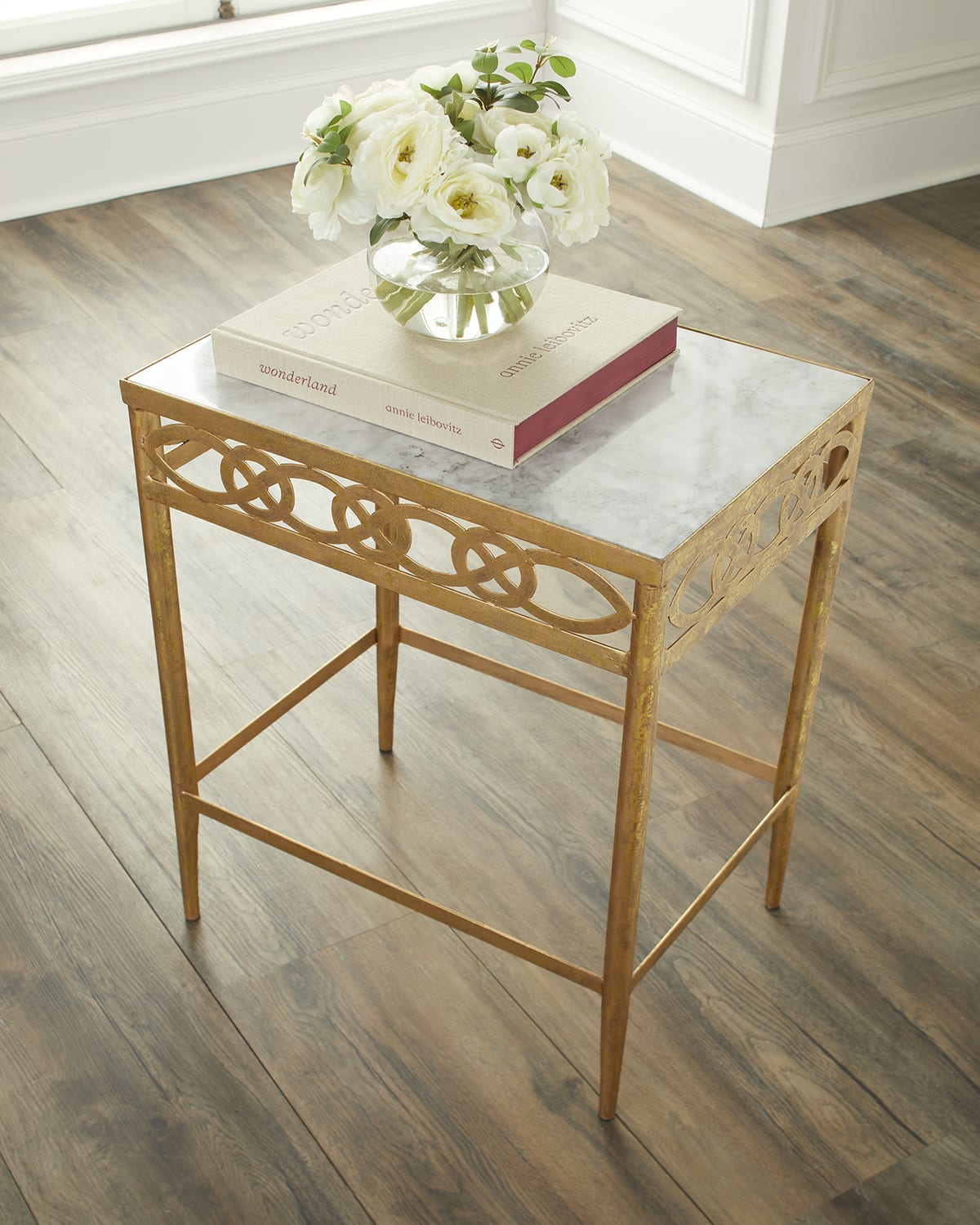 Small Side Table With Wood Top & Brass Faux Bamboo Legs