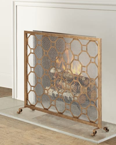 NEW Designer Horchow Single Panel Burnished Gold Finish Fireplace Screen Modern 