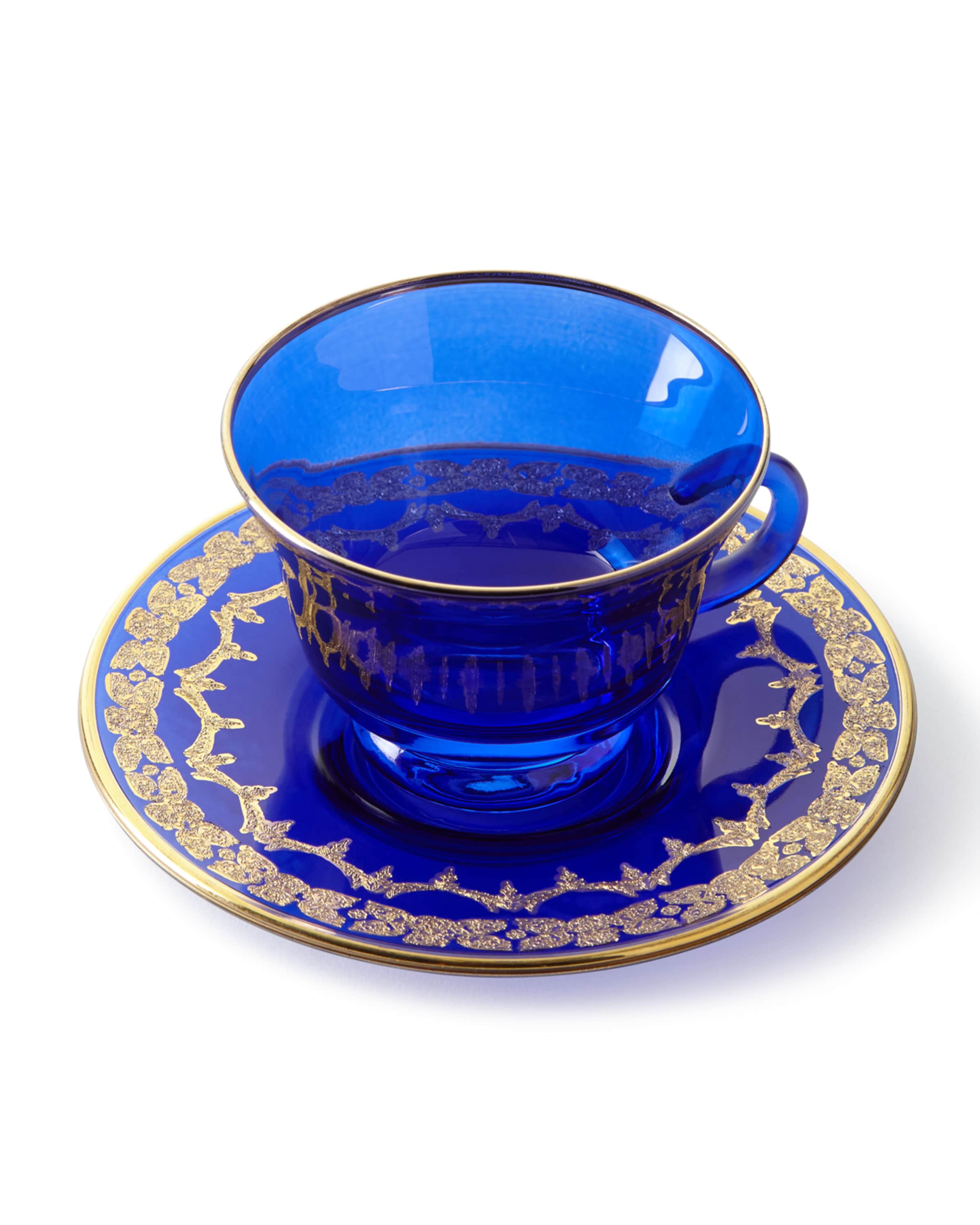 Neiman Marcus Blue Oro Bello Teacups & Saucers, Set of 4