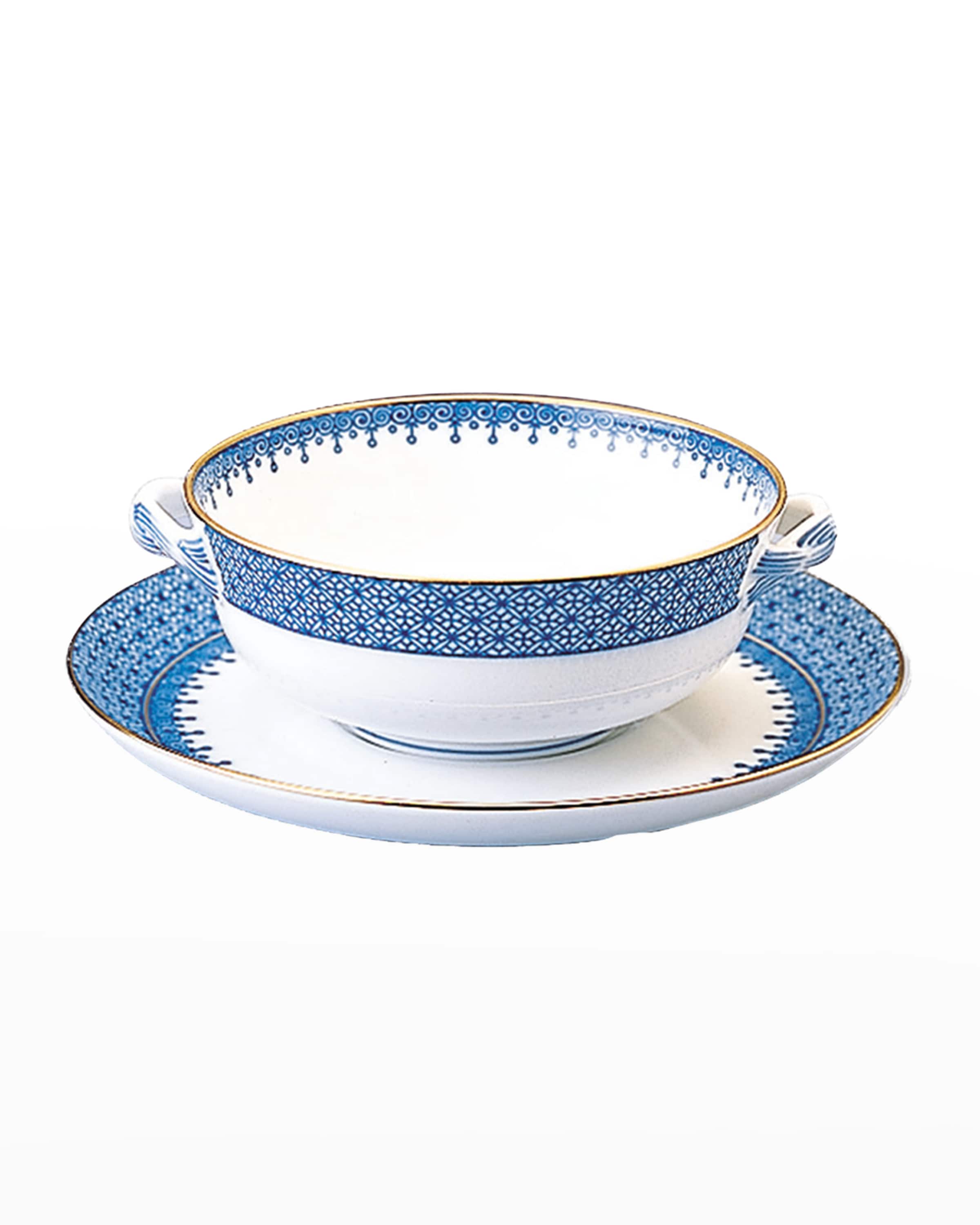 Mottahedeh Blue Lace Cream Soup Bowl & Saucer Plate