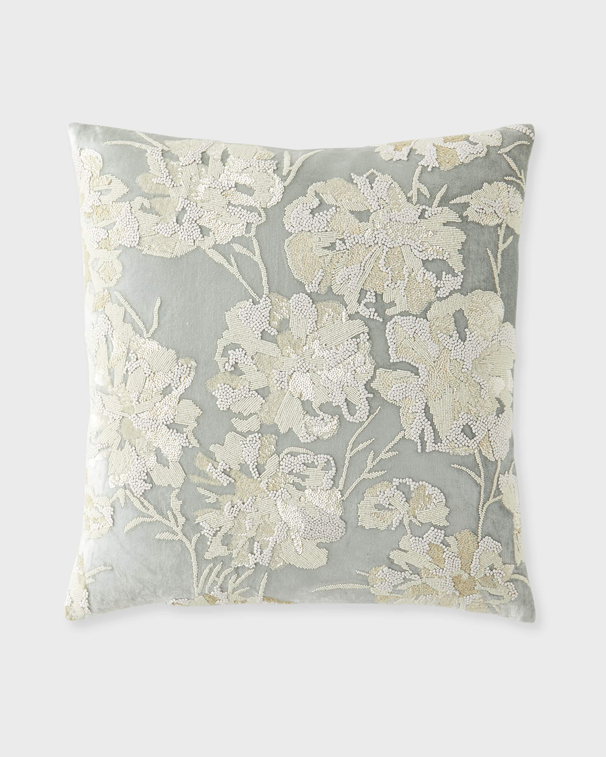 Callisto Home Glyes Floral Beaded and Embroidered Velvet Decorative Pillow, 22" Square