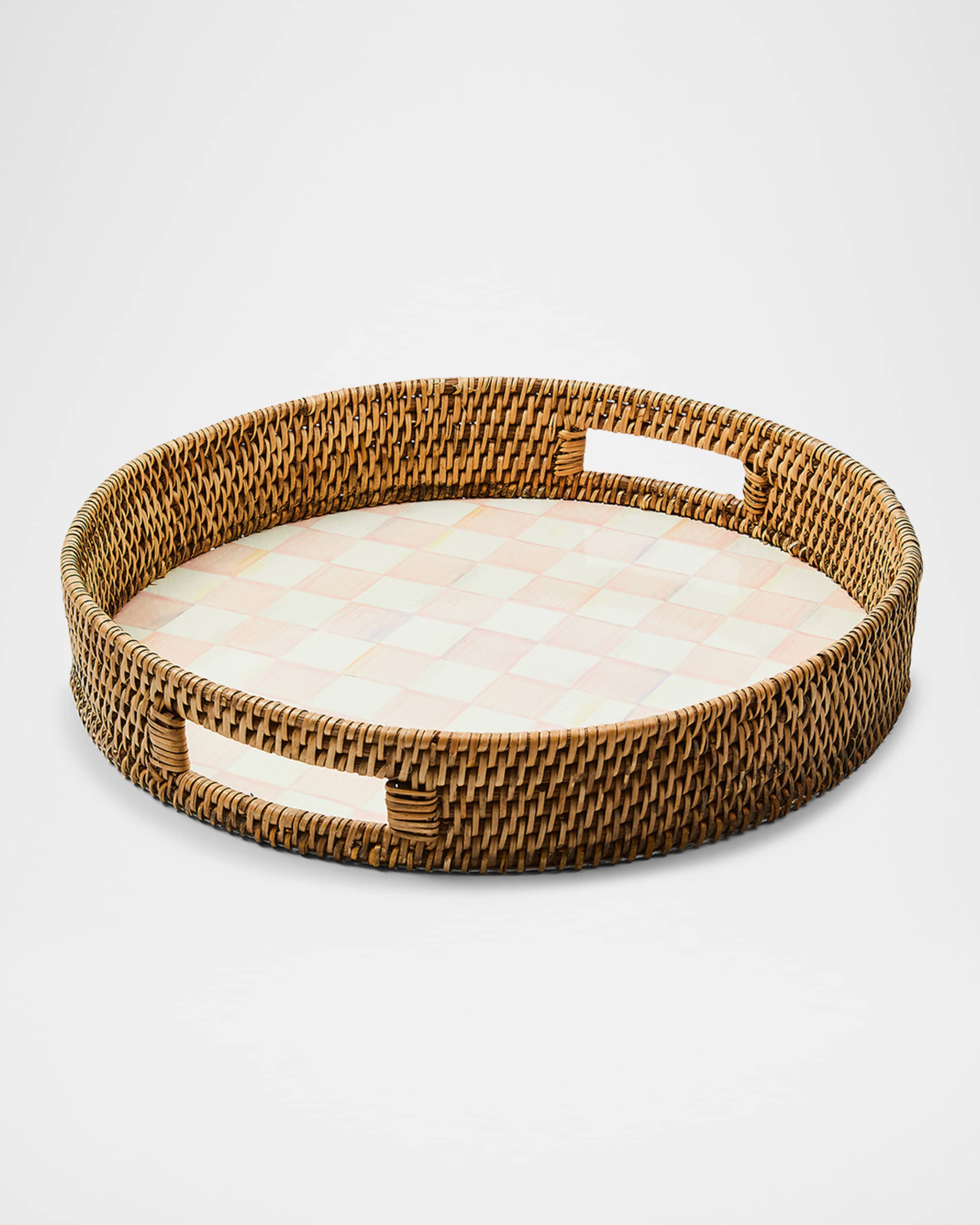 MacKenzie-Childs Rosy Check Enamel & Rattan Round Serving Tray