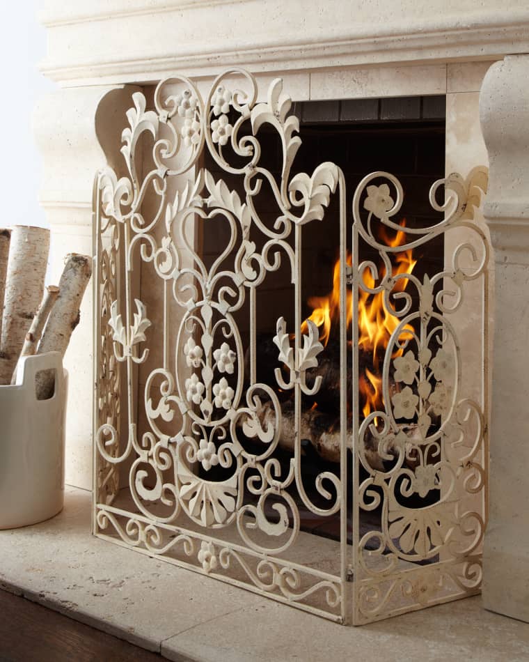 Antiqued-White Fireplace Screen