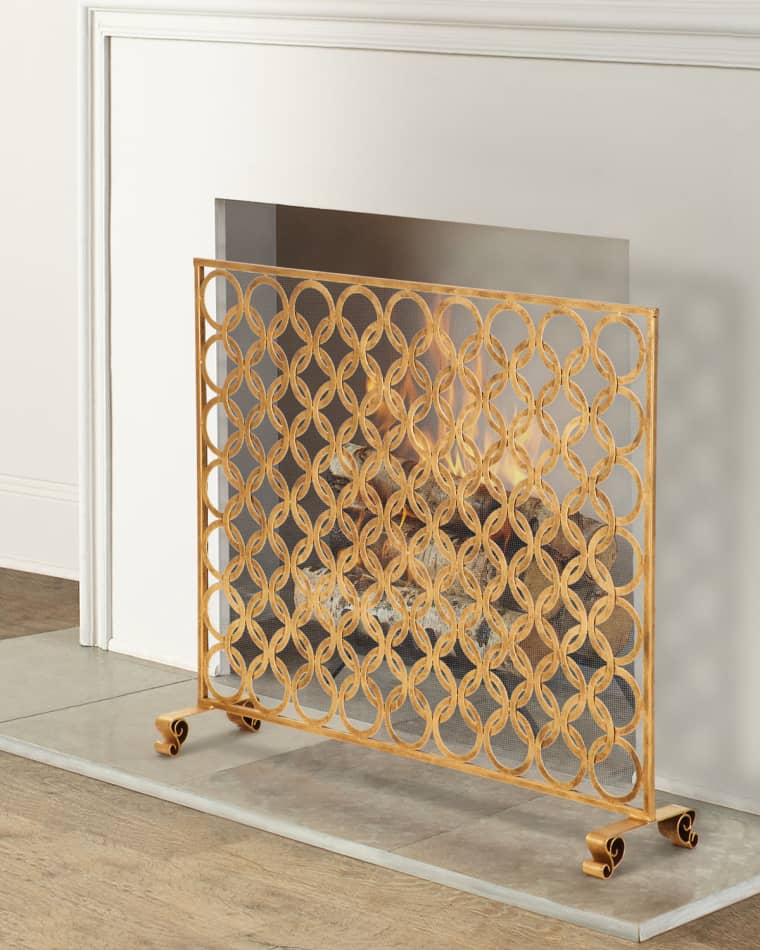 Antiqued Gold Double Circle Design Fireplace Screen