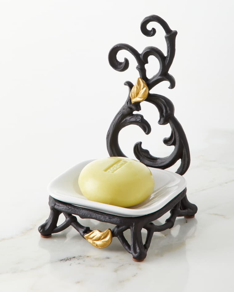 G G Collection White Stoneware Spoon/Soap Rest with Metal Gold Leaf Stand