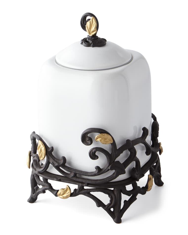 G G Collection White Stoneware Small Canister with Metal Gold Leaf Base