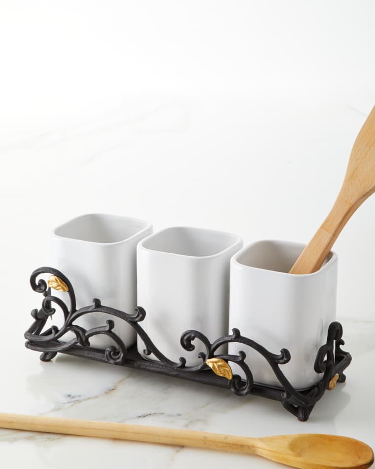 G G Collection White 3-Piece Stoneware Utensil Holder with Metal Gold Leaf Base