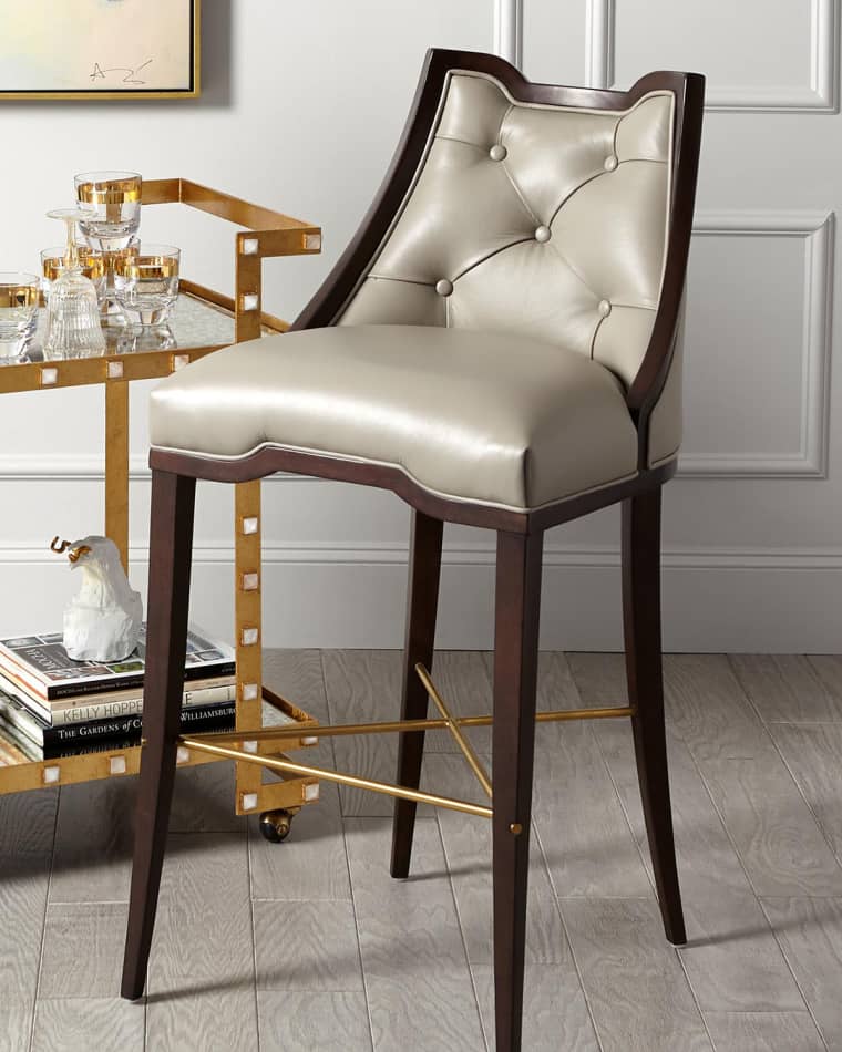 William D. Scott for Global Views Logan Walnut/Chesterfield Gray Leather Bar Stool