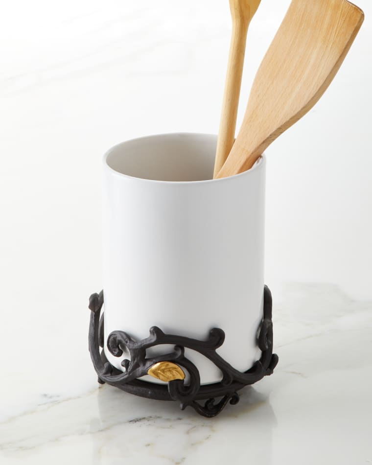 G G Collection White Stoneware Utensil Holder with Metal Gold Leaf Base