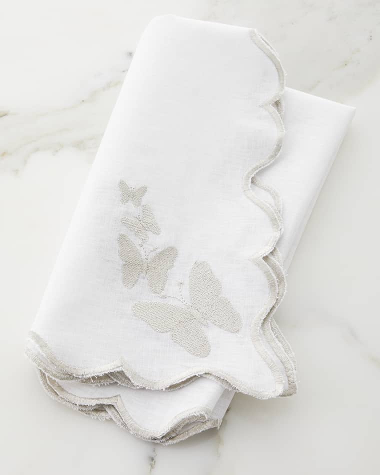 Nomi K White Linen Silver Butterfly Scalloped Edged Embroidered Napkin