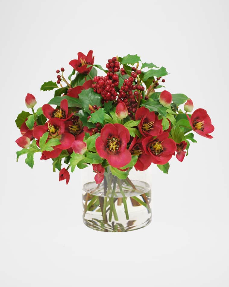 Winward Home Faux Hellebores Rose Floral Arrangement in Glass Vase