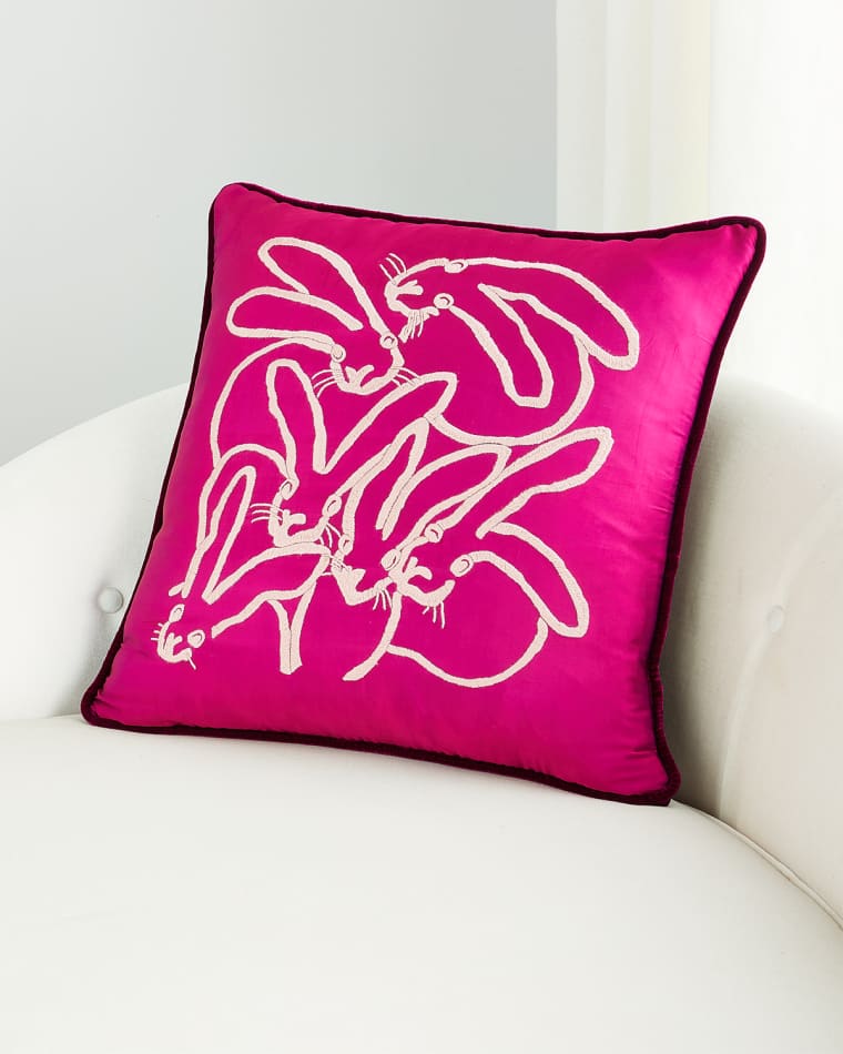 Hunt Slonem Hand Embroidered Silk Bunny Pillow