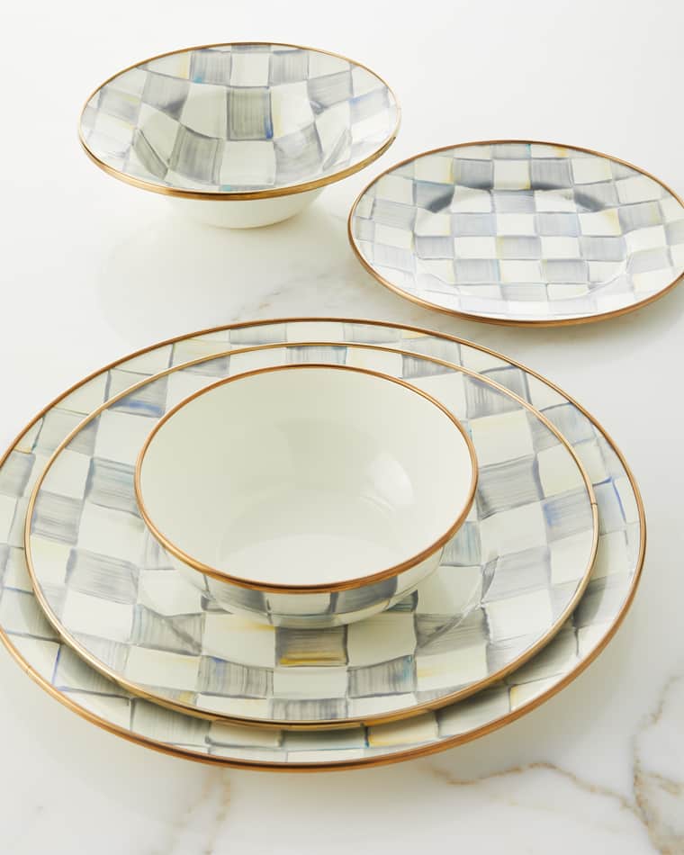 MacKenzie-Childs Sterling Check Dinner Plate Sterling Check Enamel Canape Plates, Set of 4 Sterling Check Salad Plate