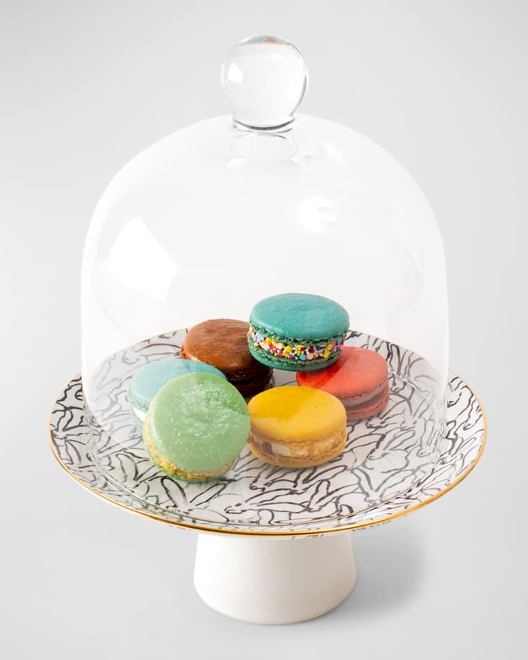 Hunt Slonem Rabbit Run Dessert Stand with Glass Dome