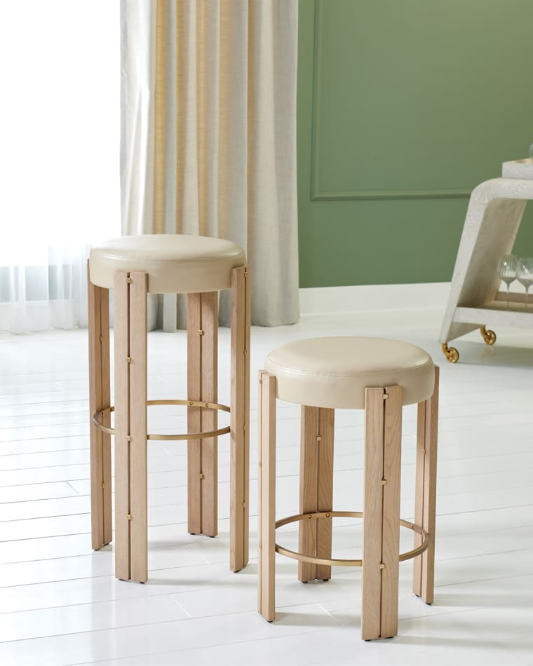 Ashley Childers for Global Views Paxton Leather Barstool, 33" Paxton Leather Counter Stool, 25"
