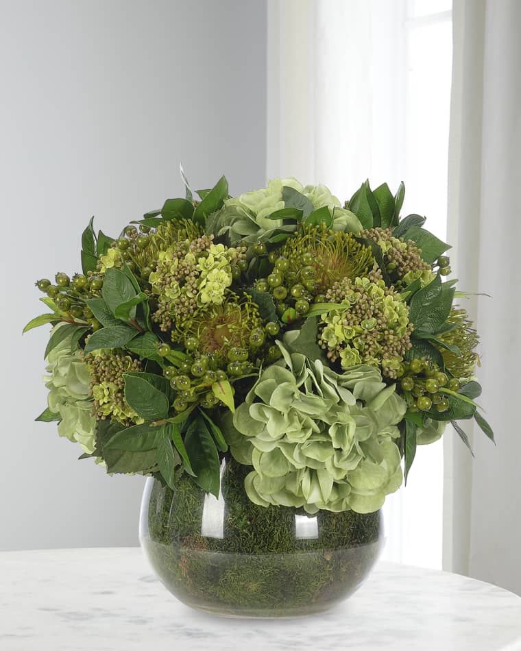 NDI Roses and Proteas 11 Faux Floral Arrangement in Moss Garden Glass Vase