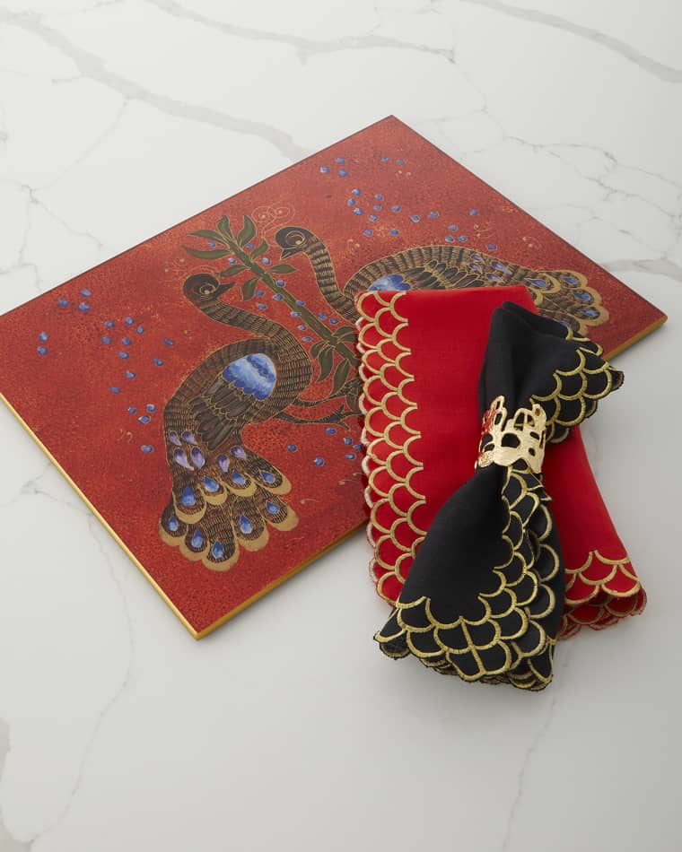 Nomi K Peacock Hand-Embroidered Linen Napkin Peacock Hand-Embroidered Napkin 24K Gold-Plated Wall Napkin Rings, Set Of 4