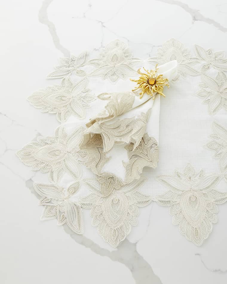 Nomi K Hand-Embroidered Lace Linen Placemat Hand-Embroidered Lace Linen Napkin Fire Spider Napkin Ring, Set of 4
