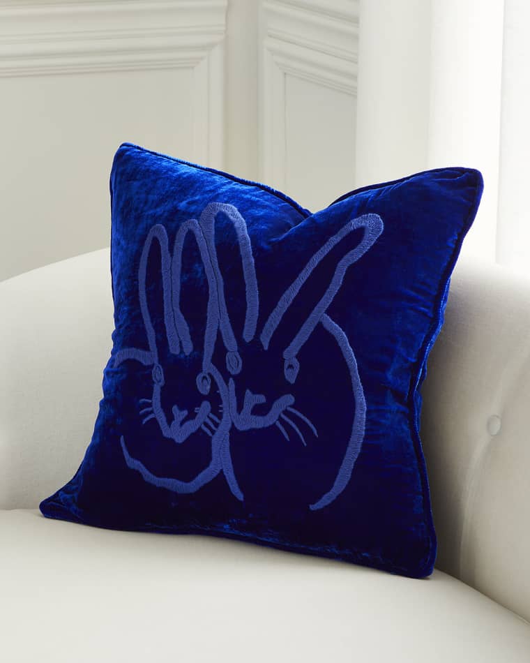 Hunt Slonem Hand-Embroidered Velvet Bunny Pillow, Blue