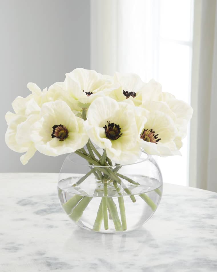 John-Richard Collection Real Touch White Poppies 7" Faux Floral Arrangement in Glass Vase