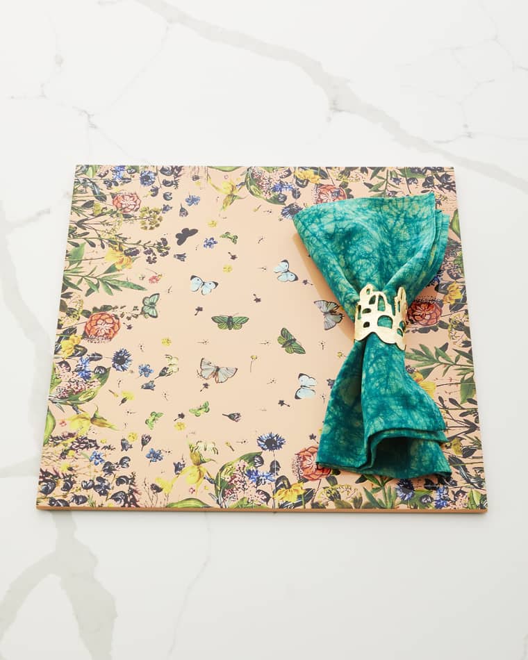 Nomi K Floral Butterfly Lacquer Placemat Era Tie Dye Napkin 24K Gold-Plated Wall Napkin Rings, Set Of 4