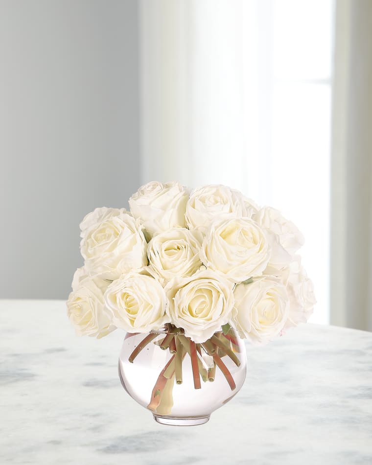 NDI White Roses 8" Faux Floral Arrangement in Glass Vase