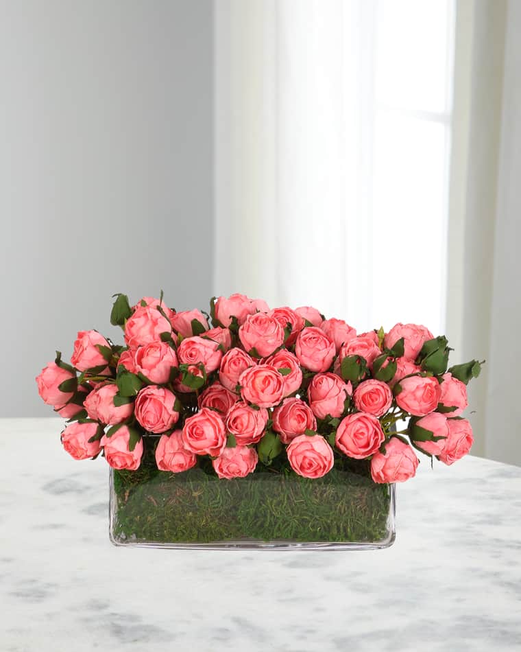 NDI Pink Roses with Moss Garden 14" Faux Floral Arrangement in Glass Rectangle